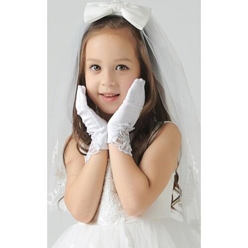 Retail High Quality elengent Flower Girl dress gloves Satin Silk Gloves White Short Gloves M/L Size 4-14Yrs free shipping