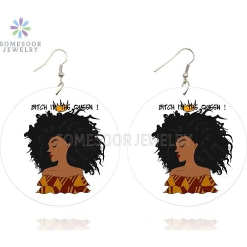 SOMESOOR Printed Black Girl Crown Wooden Drop Earrings Bitch I'm The Queen Afro Natural Hair Design African Wood For Women Gifts
