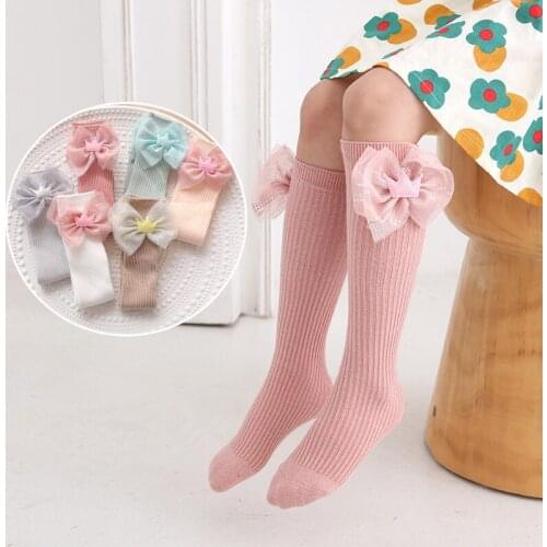 2021 spring new childrens mid-tube knitted mesh bow stockings childrens over-the-knee socks princess stockings
