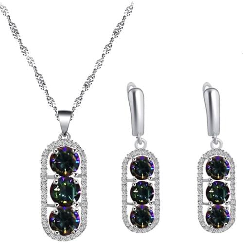 Vintage design silver plated iridescent zircon earrings necklace pendant jewelry set wedding gift latest JS846