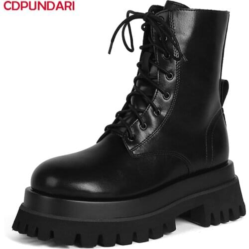 Ladies Black Genuine Leather High Heels Platform Ankle Boots For Women Autumn Winter Punk Martin Short Boots Shoes Botines Mujer