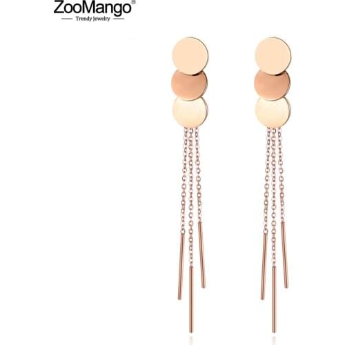 ZooMango Bohemia Jewelry Trendy Stainless Steel Round Disc With Tassel Earring Rose Gold Gift For Women Exaggeration ZE18104