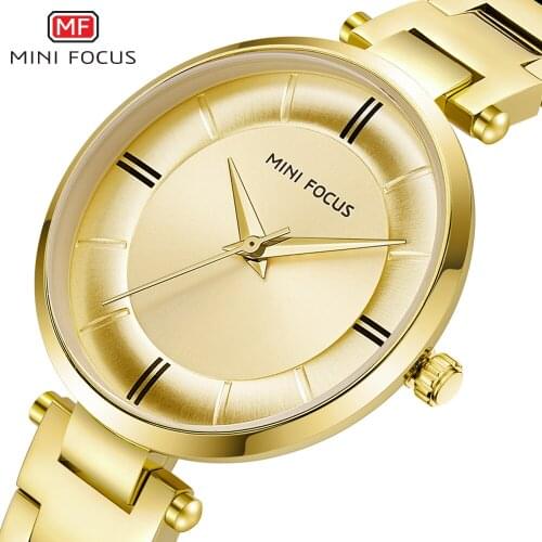 MINI FOCUS Womens Stainless Steel Quartz Watches Luxury Business Waterproof Simple Wristwatch Lady Relogios Masculino 0235 Gold