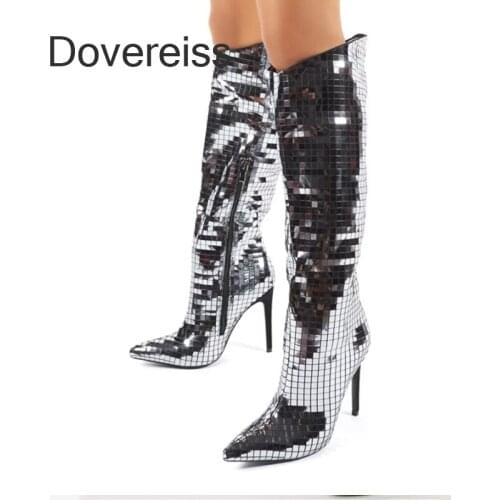 Dovereiss Fashion Female Boots Winter Silver Sexy Elegant Clear Heels Pointed Toe Stilettos Heels Knee High Boots 42 43