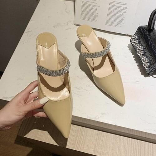 Womens Slippers Pointed Toe Ladies Shoes Rhinestone Thin Heels Woman Sandals Casual Shallow Female Summer Footwear New 2021