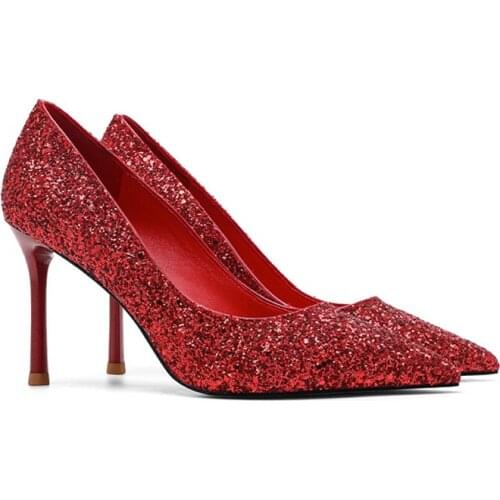 2020 New Rhinestone High Heels Shoes Women Pumps Pointed Toe Woman Sequins Wedding Shoes 6cm 8cm Heel Size 33-42