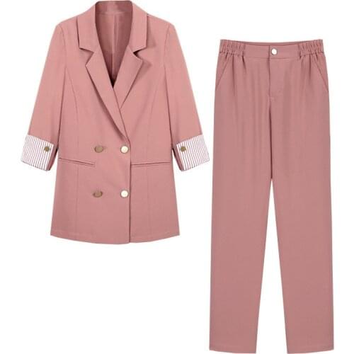 2019 Plus size XL-5XL Summer Thin Two-piece set Women Casual Blazers Jackets Tops and Elastic waist Trousers Suits Female G426