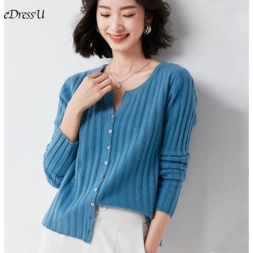 EDressU NEW Women Cardigan Spring Knitted Jacket Soft Blue Jumper Loose Elegant Office Lady Knitwear Casual Daily Outwear HW-102