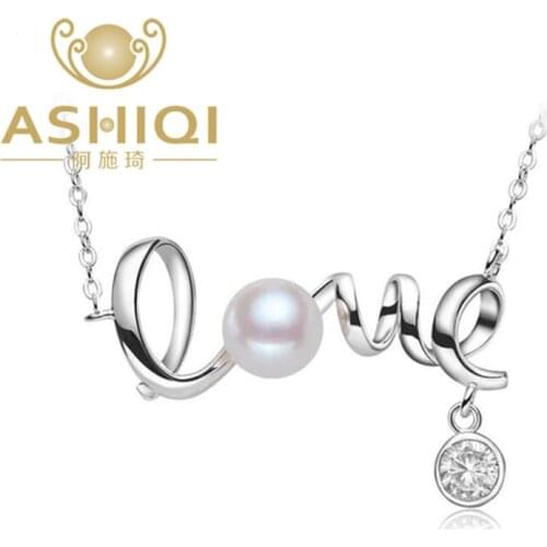 ASHIQ White Natural pearls Freshwater Pearl Necklaces & Pendants, 925 Sterling Silver Jewelry for women Love letter