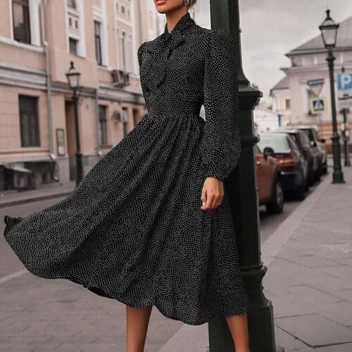 Autumn Vintage black Retro Dress For Women 2021 New Bow Tie Collar Womens Long Sleeve Polka Dot Dress Vestidos Women Clothing