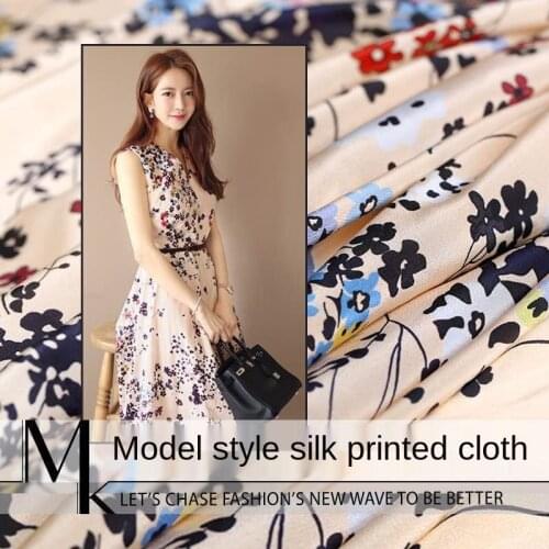 19mm silk fabric milky white bottom small floral stretch silk double Joe fabric Mulberry shirt dress apparel fabric