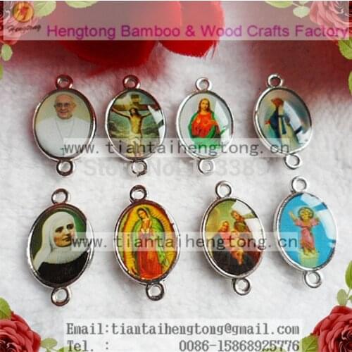 30pcs/PACK Free ship cheap Assorted twelve images rosary connector,2 hole alloy connector,alloy part both side with saint&epoxy