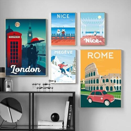 Nordic France Nice Travel Landscape Canvas Painting Cartoon Ski Poster Print London Rome Wall Art Picture Living Room Home Decor