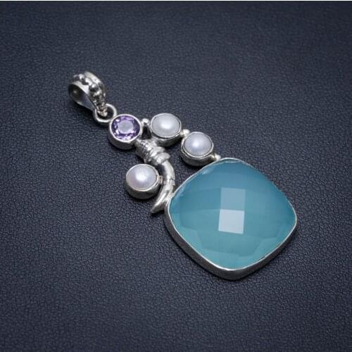 Natural Chalcedony,River Pearl and Amethyst Punk Style 925 Sterling Silver Pendant 2" S1195