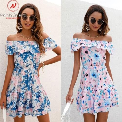 Sweet Women Summer Print A-Line Dress Patchwork Design Ruffles Decor Slash Neck Off Shoulder Short Sleeve Slim Mini Dress