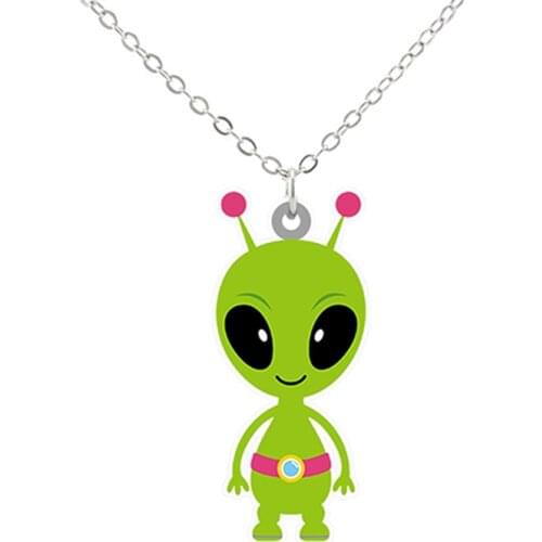 Cute Cartoon Alien Acrylic Pendant Long Chain Necklace Boys Girls Out Space Life Photo Print Sheets Childrens Birthday Jewelry