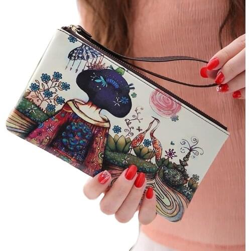 Fashion Cartoon Women Long Wallet Purse PU Leather Zipper Lady Handbag Card Phone Holder Wrist Bag Case