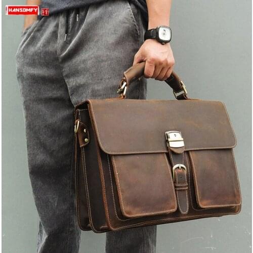 New mens handbag crazy horse leather business men 15.6 inch laptop briefcase male lock documentary computer slung shoulder bags