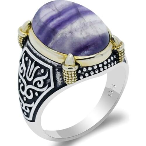 Male Rings 925 Silver Rings Purple Natural Fluorite Stone Handmade Exquisite Design Unique Wedding Gift Fine Jewelry