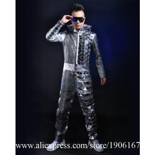 New Arrival Men Silver Color Stage Ballrooom Costume Mirror Man Clothing Party Halloween Performance DJ Singer Dancer Outfit