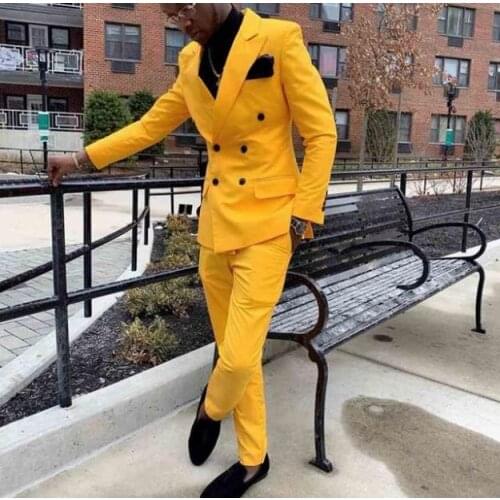 2019 New Arrival Yellow Double Breasted Wedding Suits For Men Slim Fit 2 Pieces Groom Tuxedos Custom Made Prom Party Suits