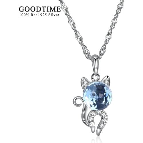 Necklace 925 Sterling Silver Blue Crystal Cat Pendant Necklaces Fashion Sterling-Silver-Jewelry Lovely Necklaces For Women Gifts