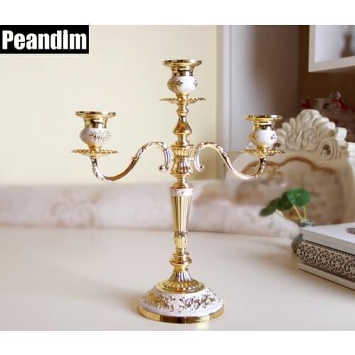PEANDIM European Style Hotel Suppliers Golden Candlestick Candelabr Small Candlestick 3-arms Golden Plated Metal Candle Holders