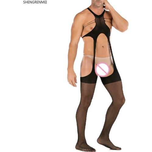 SHENGRENMEI Mens Jumpsuit Hot Sale Sexy Pajama Open Crotch Lingerie Adult Man Black Bodystocking Male Underwear Exotic Bodysuit