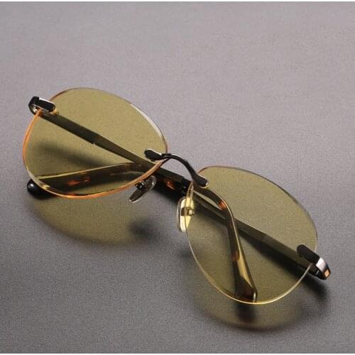Glass Pilot Sunglasses Men Women Natural Crystal Stone Vintage Rimless Eye Glasses Retro Yellow Lens Eyeglasses Clear Eyewear