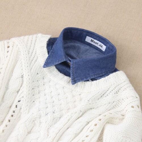 Vintage Detachable high-quality Blouse Shirt detachable Lapel Blouse All Match Denim Blue Shirt Fake Collar Women Elastic Belt