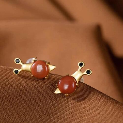 New Arrival S925 Silver Red Agate Snail Stud Earrings Vintage Earrings