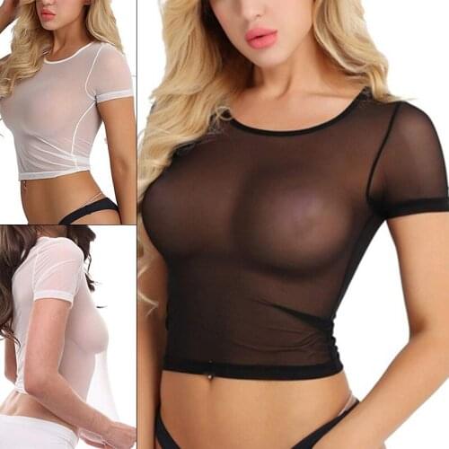 Sheer Top Sexy Mesh Transparent T-shirt Women Summer Solid Color Tight Aesthetic See Through Ladies Top