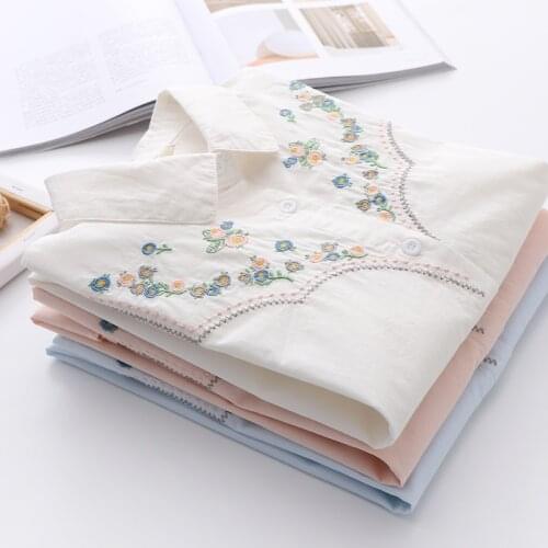 Floral Embroidery Women White Shirts Summer Vintage 2021 Turn-Down Collar Elegant Office Lady Outwear Coats Tops