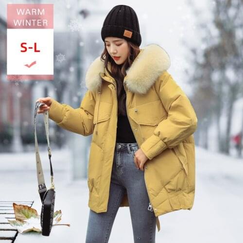 Women Fashion Winter Real Fox Fur Collar White Duck Down Jacket With Hood Female Loose Thick Warm Zipper Coat Big Size Windproof