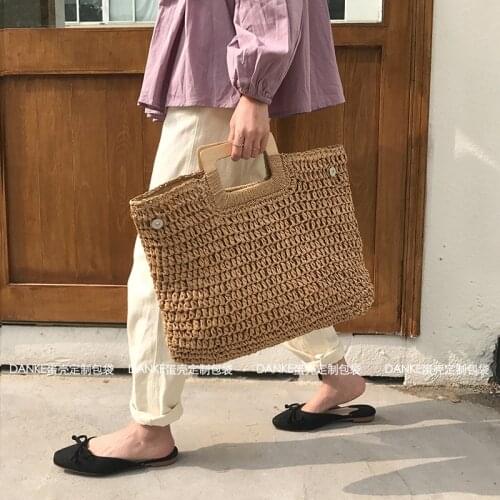 Wicker Woven Wooden Handbags for Women Summer Casual Rattan Large Capacity Totes Beach Straw Bag Lady Big Purses Travel Sac 2021