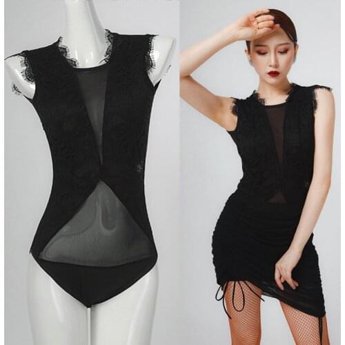 Black Lace Latin Dance Tops Female Adult Sexy Mesh Latin Practice Clothes With Bra Pads Ballet Leotards Samba Costume DNV14128