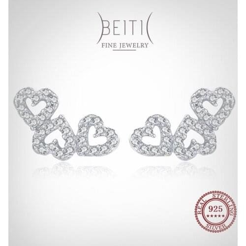 Beitil Genuine 925 Sterling Silver Charm Heart Clear Zircon Stud Earrings For Women Romantic Wedding Jewelry