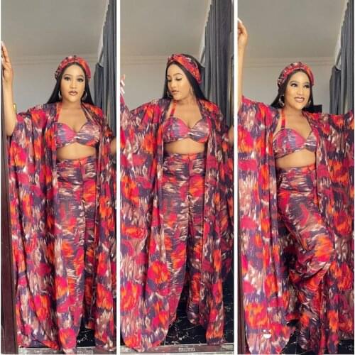 2021 Chic 4 Piece Set European And American Sexy Print New African Abaya Design Bra Top+Pants+Cape Coat+ Scarf Women Sets Dress