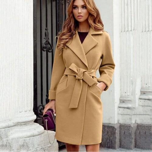 Womens Autumn And Winter Woolen Coats Fashion Lapel Slim Lace Up Temperament Womans Long Sleeved Solid Color Woolen Coats 2021