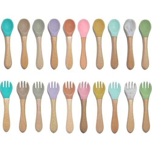 2PCS Wooden Silicone Spoon Fork Organic BPA Free Material Soft Feeding Tableware Toddlers Infant Dinner Accessories Food Grade