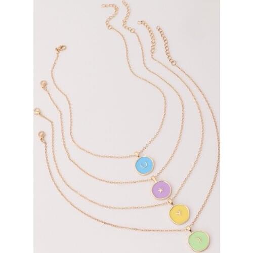 4pcs/set Simple Vintage Star Moon Pattern Round Enamel Pendant Necklace Women Gold Couple Neck Jewelry