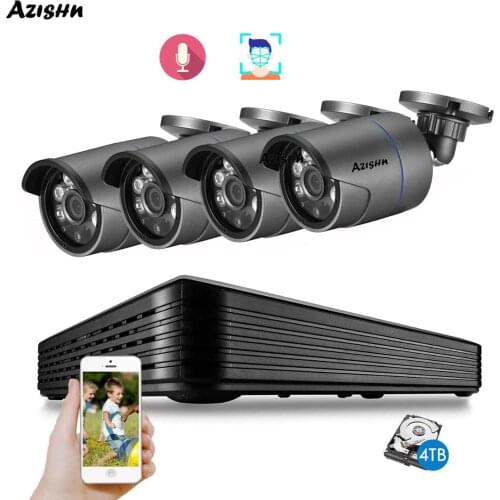 AZISHN H.265 CCTV System POE NVR Kit 4CH 5MP Waterproof POE IP Camera Bullet Home Security Camera System Outdoor Face Detection