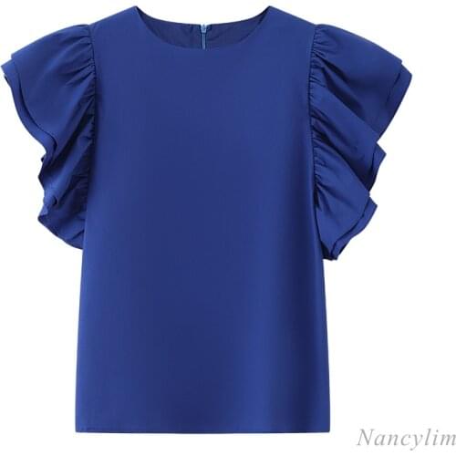 Ruffled Sleeve round Neck Short Sleeve Blue shirt for Women 2021 Spring and Summer Korean Style Loose Solid Color zipper blouse