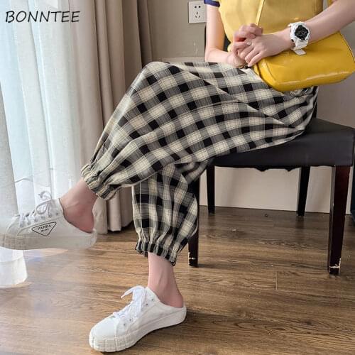 Wide Leg Pants Women Plaid All-match Fashion Harajuku Bottoms Leisure High-waist Elegant Femme Sweet Minimalist Simple Aesthetic