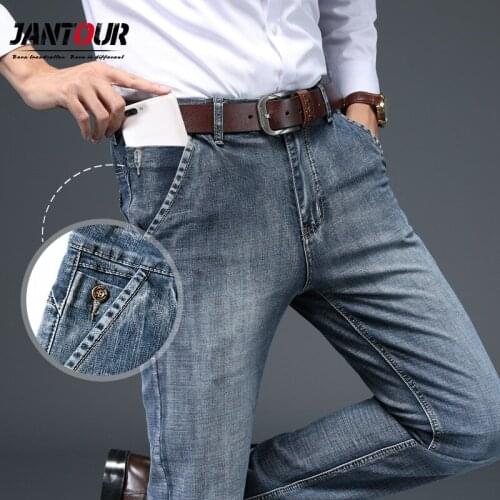 Brand Mens Fashion Jeans Business Casual Stretch Straight Jeans Anti-theft pocket Classic Trousers Denim Pants Male Retro Blue