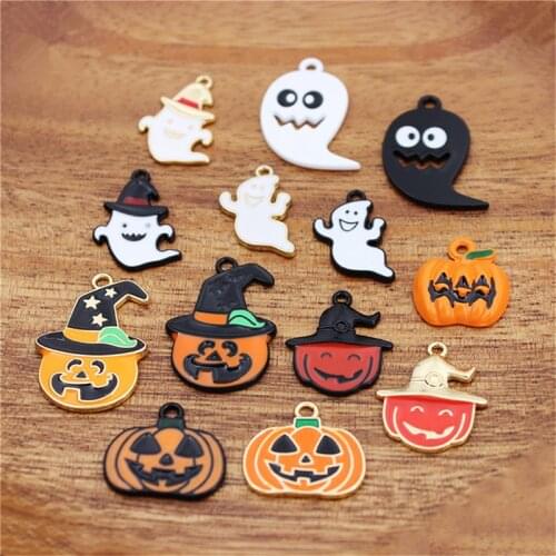 Julie Wang 10PCS Enamel Halloween Charms Random Mixed Ghost Pumpkin Alloy Pendant Bracelet Jewelry Making Accessory