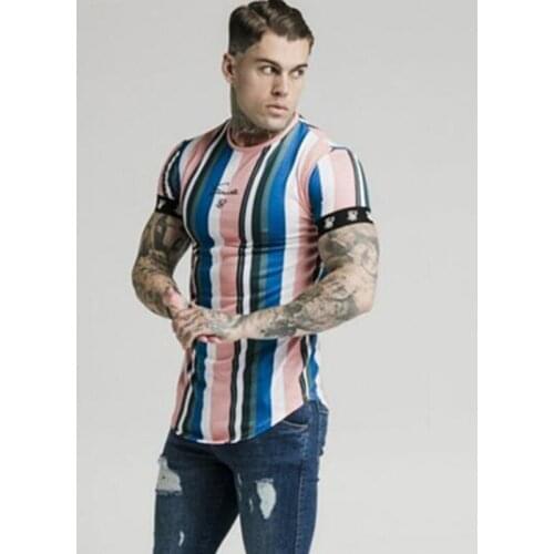 Summer Fashion Sik Printing Striped T-Shirt Men Hip-Hop Tops O-Neck Street Shirt Polyester Short Sleeve Ropa Hompre