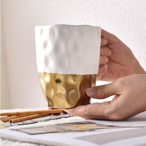 Nordic Creative Ceramic Mug Family Golden Color Office Tea Cup Milk Breakfast Mug White Gold Teacup Funny Coffee Cups Beer 400ml
