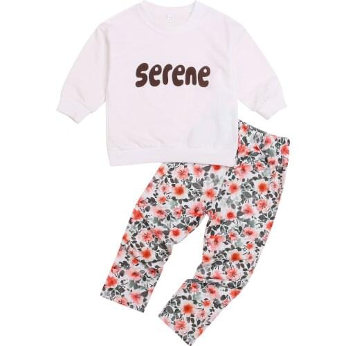 1-4Years Girl’s T-shirt and Trousers Suit Fashion Letter Long Sleeve Tops and Flower Long Pants