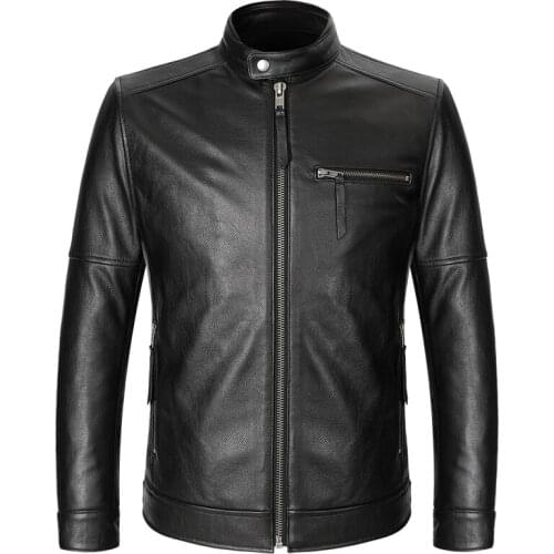 Mens Genuine Jacket Real Cow Leather Jackets Stand Collar Motorcycle Cowhide Coat Spring Autumn Slim Fit Casual
